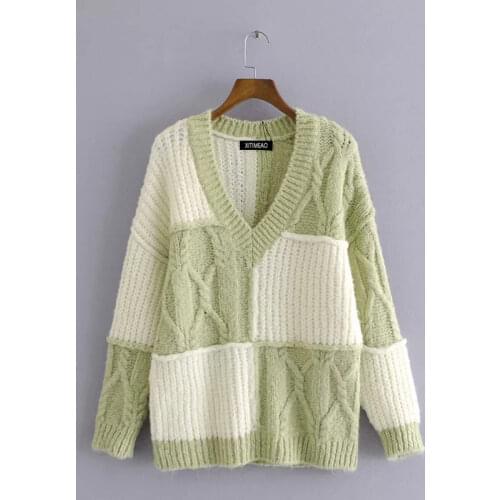 ZA New Autumn Winter Women Pullovers Sweaters Jumper Simple Style Soft Warm Female Lattice Splicing V-neck Loose Knitted Sweater