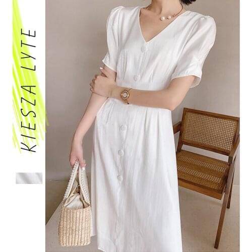 Woman White Dress Single-breasted Silk Satin High Waist Short Sleeve V-neck 2020 Summer French Elegant Dresses
