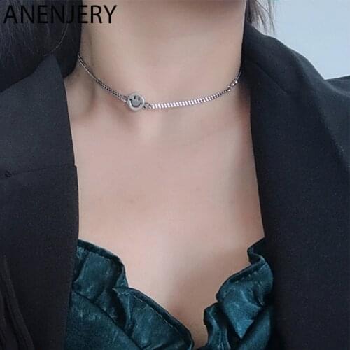 ANENJERY 925 Sterling Silver Vintage Thai Silver Love Heart Smiling Face Short Chain Necklace For Women choker collares S-N518