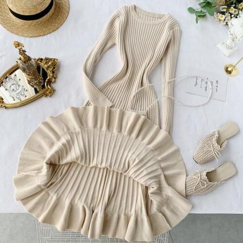 New Autumn Women Elastic Knitted Slim Brief A-line Dress Female Long Sleeves Trim Knee-length Skinny Long Fishtail Ruffles Dress