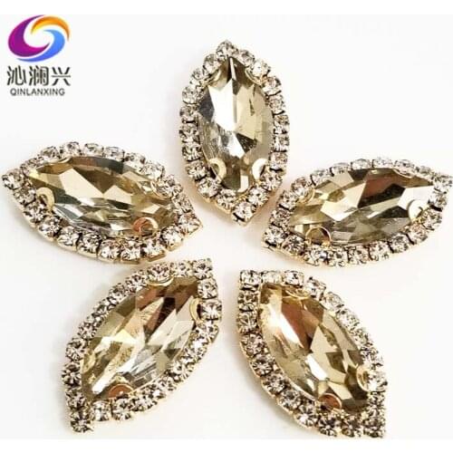 Gold bottom Light coffee Top grade Glass Crystal buckle, eye shape sew on rhinestones with holes,Diy/jewelry accessories SWEKG04