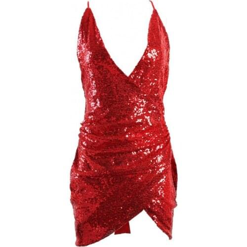 2021 Sexy Women Shiny Sequins Dress Deep V Neck Irregular Hem Solid Color Backless Mini Bodycon Dresses