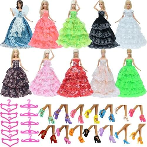 30Pcs/Set = 10 Pcs Wedding Dress Gown Clothes + Random 10 Shoes + 10 Pink Hangers Accessories for Barbie Doll Kids Baby DIY Toys
