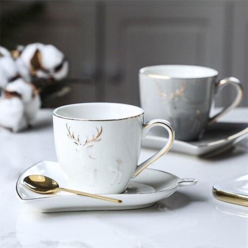 European Porcelain Gold Deer Coffee Cup with Handle Simple Bone China Tea Cups with Saucer and Spoon Set Creative Drinkware