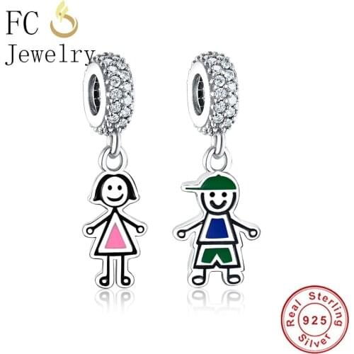 FC Jewelry Fits Original Brand Charm Bracelet 925 Silver Boy Girl Sister Pink Enamel Dress Bead For Making Family Berloque DIY