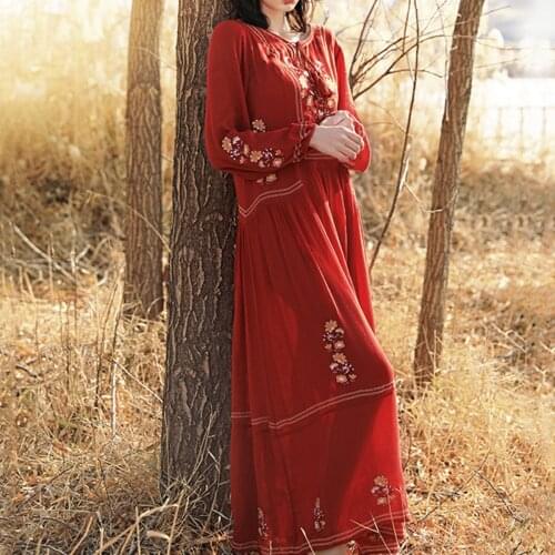 Jastie Loose Floral Embroidery Maxi Dress 2020 Spring Beach Boho Casual Women Dresses Long Sleeve V Neck Sexy Vintage Vestidos