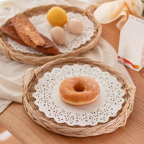 Rattan Storage Tray Round Basket with Handle Hand-Woven Tray Wicker Basket Bread Fruit Food Breakfast Display D