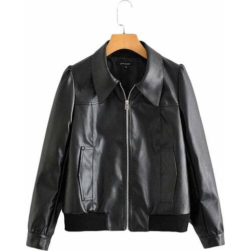 Merodi Autumn Women Stylish England Style Faux Leather Black Outwear Cool Lady Turn-Down Collar MotoBiker Style Pu Jackets Chic