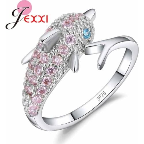 Lovely Dolphin Ring Sparkling 925 Sterling Silver Cubic Zircon Crystal Women Girls Engagement Wedding Party Gift Bijoux