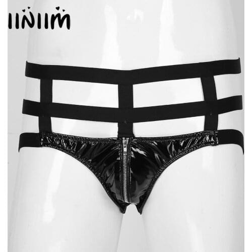 Mens Sexy Gay Panties Jockstraps Zipper Pouch Faux Leather Open Butt Sissy Latex Homme G-String Thongs Underwear Underpants