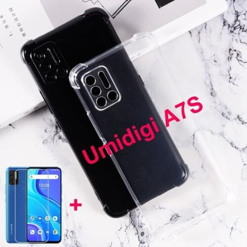 Soft Black TPU Case For Umidigi A7S A7 S Back Cover Transparent Phone Case with Glass Cover on UMI Umidigi A7S Pelicula De Vidro