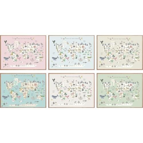 Nursery Wall Art Poster Print Animal World Map Cartoon Canvas Painting For Kids Bedroom Scandinavian Pictures Child Room Decor