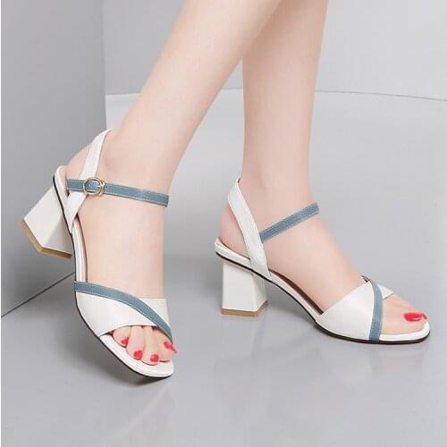 New 2021 Summer Sandals Knitted Buckle Fish Mouth Ankle Strap 4cm Middle Heel Yellow Green Black Beige Large Size 42