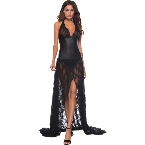 New Sexy High Split Gauze Women Exotic Lingerie Lace Up Artificial Leather Senductive Bodysuit Long Dress Lace Lingerie