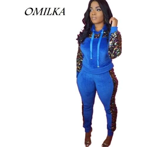 OMILKA 2018 Autumn Winter Women Long Sleeve Sequin Pullover Sweatshirt and Long Pant Set Casual Velvet 2 Piece Tracksuit Set