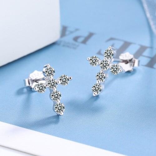 Luxury Female Small Cross Stud Earrings Real 925 Sterling Silver Earrings Trendy Crystal Stone Wedding Earrings For Women