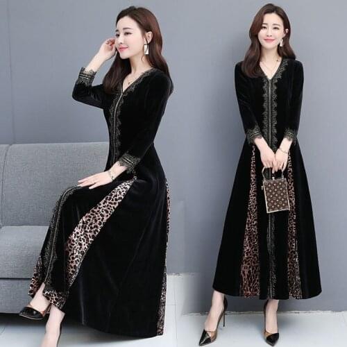 V-neck Long-sleeved Chic Black Dress Autumn and Winter New Female Leopard Pattern Lace Patchwork Dress Vintage Vestidos K1112