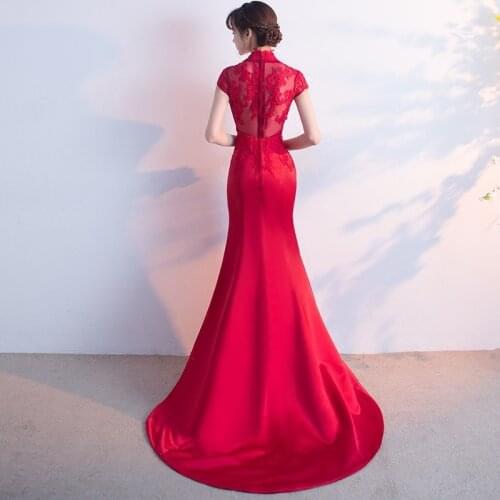 Wine Red Mermaid Cheongsam Qipao Long Traditional Chinese Evening Dress Women Toast Bride Tailing Gown Robe Chinoise Style Femme