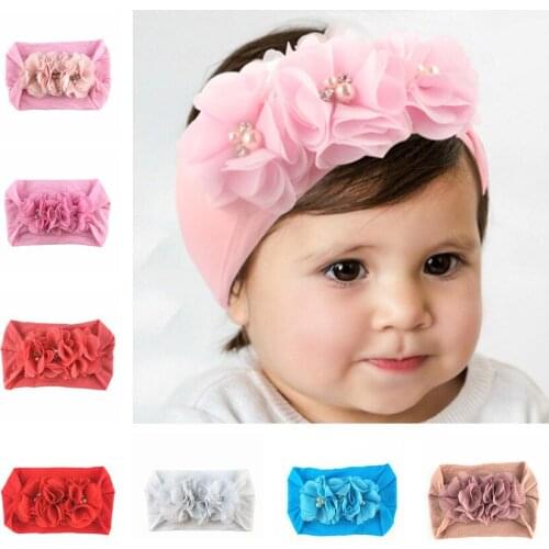 Yundfly Kids Newborn Nylon Wide Headband With Three Chiffon Flowers Knot Headbands Baby Girls Headwear Hair Accessories