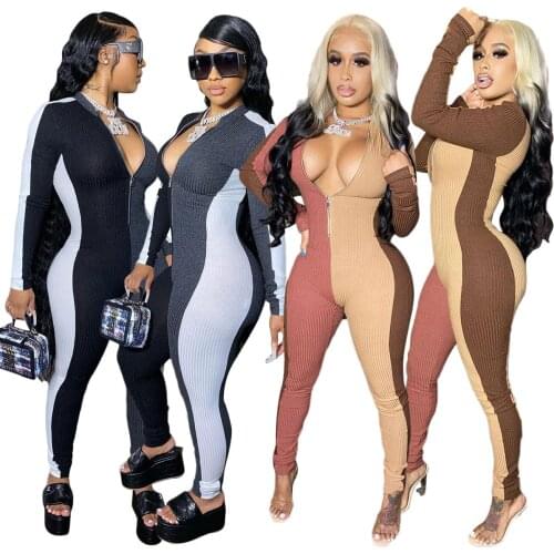Echoine Women fall Knitted Patchwork Romper clothes Zipper Skinny Jumpsuit Long Sleeve Sexy Club Bodycon Streetwear Overalls