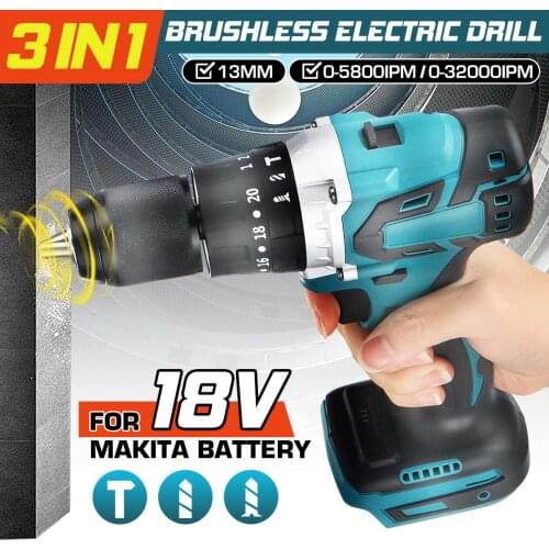 3 in 1 2 Speed 13mm Brushless Electric Drill Hammer Cordless Screwdriver 20+3 Torque Impact Drill Tools for Makita 18V Battery