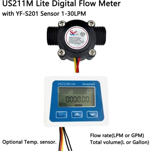 US211M Lite Digital Portable Flow Meter and YF-S201 G1/2" BSPP Sensor Without Temperature