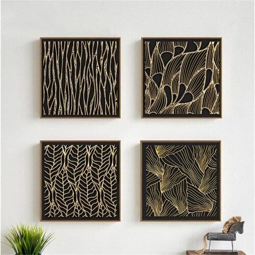 Canvas Painting Living Room Hotel Decor Golden and Black Leaf Texture Modern Abstract Gold foil Picture Wall Art Prints Posters