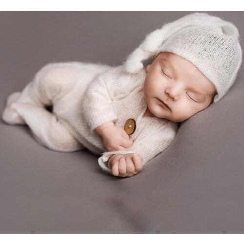 Newborn Infant Baby Girls Boys Solid Colors Knitted Photography Prop Clothing Footed Romper Button Overalls Hat 2pcs Set