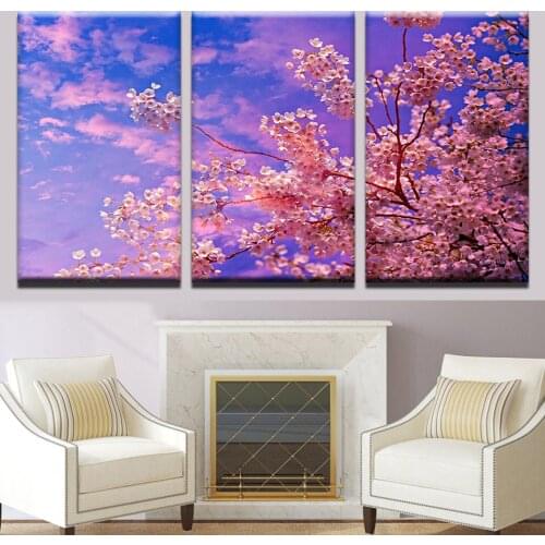 Canvas Home Decor Modular 3 Set Pink Sakura Tree Painting Wall Art Pictures Framework For Living Room HD Landscape Print Posters