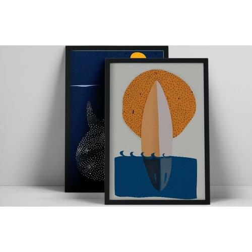 Surf Nautical Poster, Blue whale Print, Yellow sun, Nordic Wall Art, Minimalist Artwork, Surfer Set of Prints, Surf Oceay Wall A