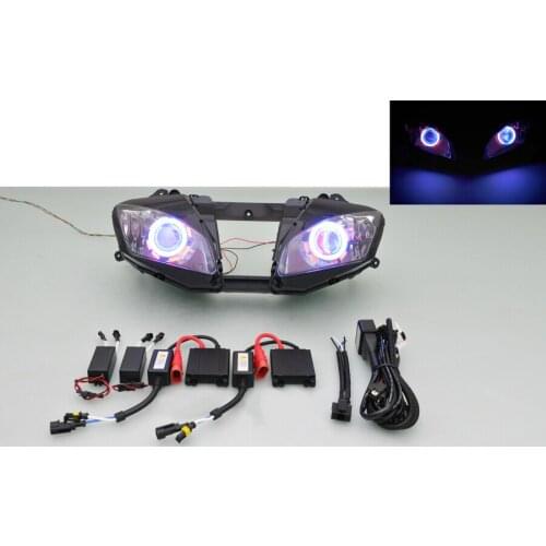 Wotefusi Motorcycle Headlight For Yamaha YZF R6 2006 2007 Blue Red Double Angel Eye Bi-Xenon Projector Ballast Kit [DD09-5]