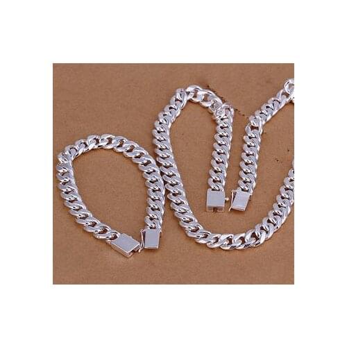 N925 Silver color jewelry - set wedding set casual 10mm side chain square buckle men bracelet&necklace - 2 set CS101