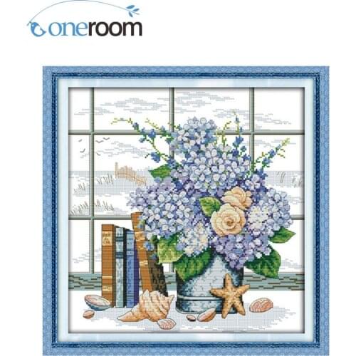 Counted Cross Stitch 11CT Printed 14CT Cross Stitch Set DIM Cross-stitch Kit Embroidery NeedleworkTH Blue Elegant Flowers