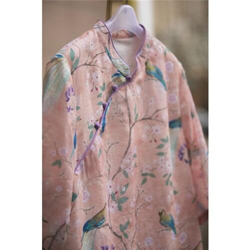 Spring and summer clothing literature and art slant front plate button flower and bird ramie loose double layer dress improved