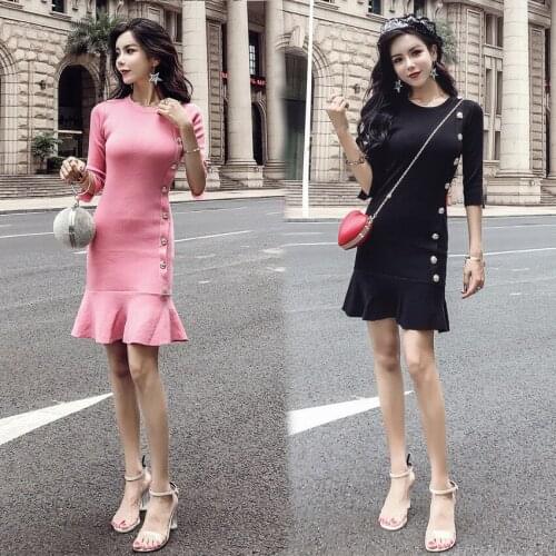 Autumn Winter New Arrivals Women Ruffle Sweater Dress Three Quarter Bodycon Dresses Ladies Knee Length Knitted Sweater Dress