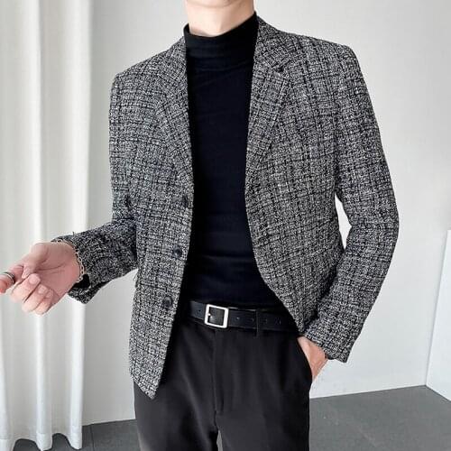 2021 Autumn Mens Blazers Korean Plaid Slim Fit Business Casual Suit Jackets Wedding Social Dress Coat Streetwear Male Clothing