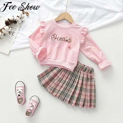 Autumn 2Pcs Kids Girls Classic Clothing Set Kids Long Sleeves Ruffle Princess Top+Pleated Plaid Skirt Birthday School Clothes