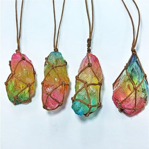 Natural Quartz Crystal Stone Chakra Pendant Necklace for Women Men Retro Reiki Wrapped Healing Pendulum Rainbow Jewelry Handmade