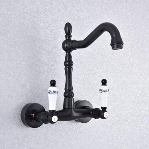 360 Swivel Oil Rubbed Bronze Bathroom Basin Sink Mix Tap Dual Handles Wall Mounted Kitchen Basin Sink Mixer Faucet zsf760