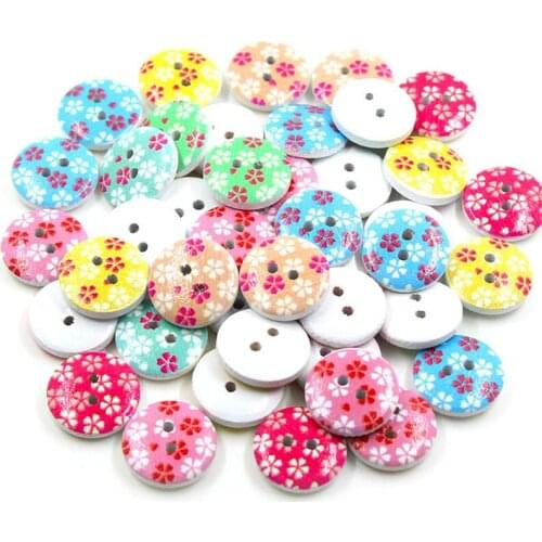 50Pcs Wooden Buttons Painted Flower Decorative Button For Clothes 2-holes Round Buttons Sewing Accessories DIY Scrapbooking 15MM
