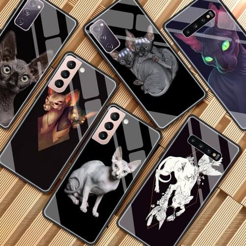 Glass Case For Samsung Galaxy S20 FE S21 Ultra S10 S9 Plus Note 20 10 Lite Luxury Tempering Phone Cover Shell Tattoo Sphinx Cat