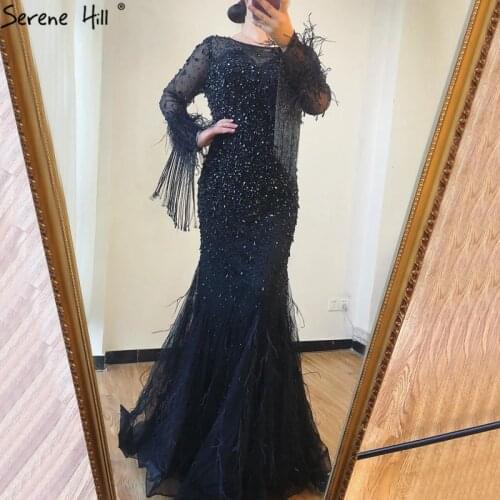 Serene Hill Silver Long Sleeves Dubai Design Evening Dress O-Neck Feathers Crystal Luxury Formal Party Gown 2020 CLA60912