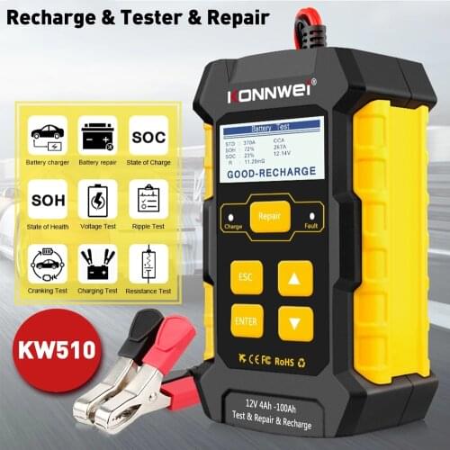 KONNWEI KW510 Car Battery Charger and Tester 12V 6A Full Automatic Car Battery Charger Power Pulse Repair Digital LCD Display