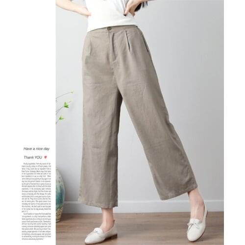 Female cotton linen pants women width legs pants good quality lady solid trousers straight design office ladies working pants