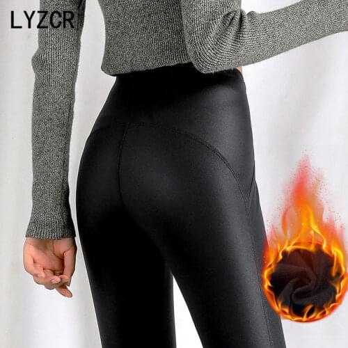 LYZCR Leather Push Up Leggings For Women Sexy Winter Pu Leather Velvet Pants Women High Waist Legging Warm Stretch Leggins