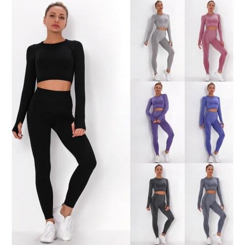 Women Seamless Yoga Set Gym Clothing Fitness Leggings+Cropped Shirts Sport Suit Women Long Sleeve Tracksuit Active Wear Gym Set