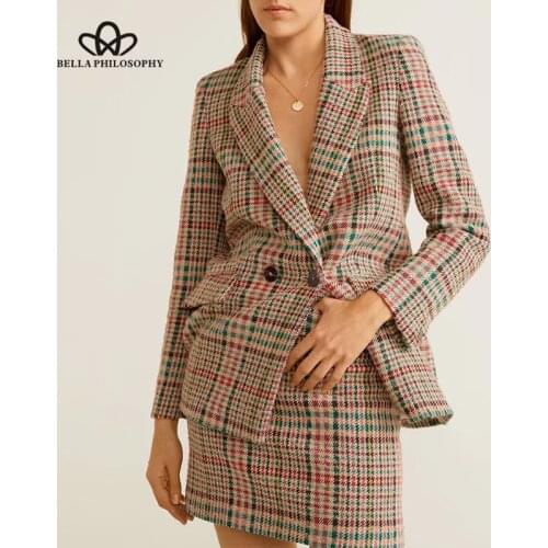 Bella philosophy 2019 Women Skirt Suit Autumn Work Office lady Two Piece Set plaid Blazer Female Slim Mini Skirts