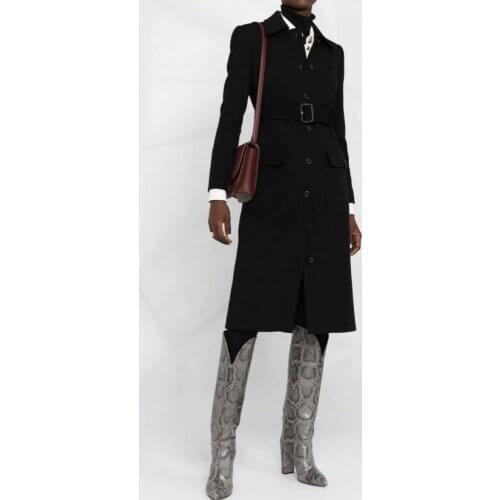 Winter Black Woolen Coats 2021 New Slim Single Breasted With Sashes Womens Outerwear Front Pockets Back Split Long Overcoat