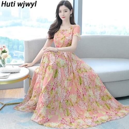 4XL Plus Size Summer Pink Print Vintage Maxi Dress Elegant Women Bodycon Party Vestido 2021 Floral Chiffon Boho Beach Midi Dress