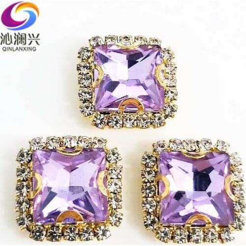 Golden bottom Crystyal violet square shape top Crystal glass buckle,sew on rhinestones for Diy/jewelry accessories SQKG25
